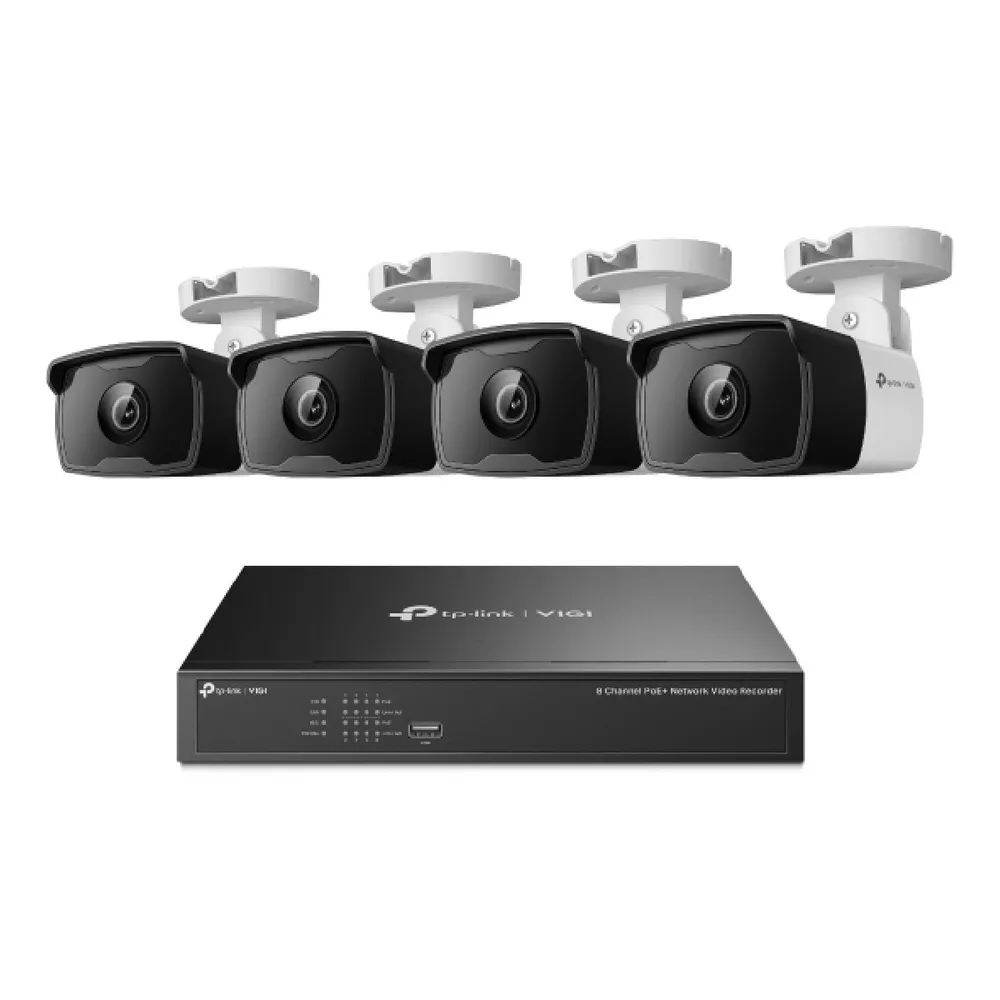 Kit Exterior TP-Link VIGI 4 Câmaras C330I 4mm 3MP PoE Bullet 1296p IP67 + 1x NVR 8 Canais PoE+ 1HDD H265+