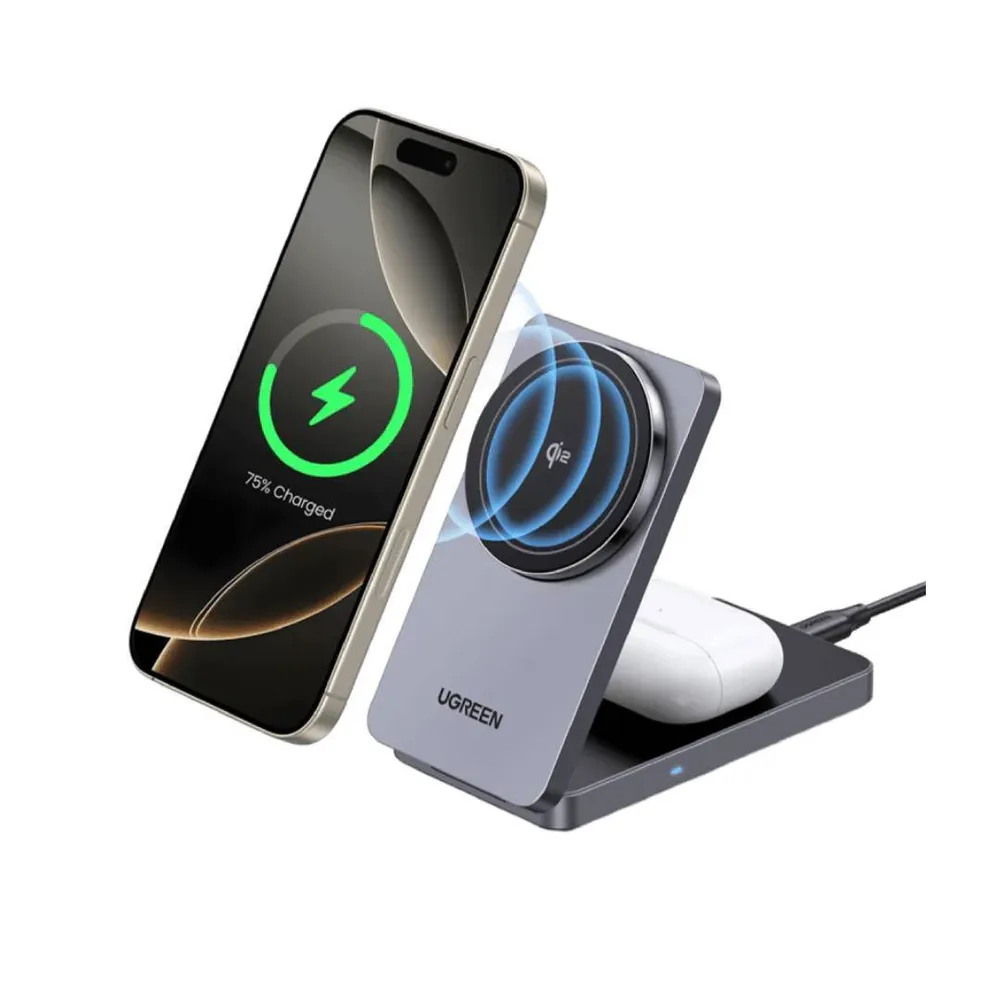 Carregador Wireless UGREEN W706 MagFlow 2-em-1 Qi2 15W Cinza